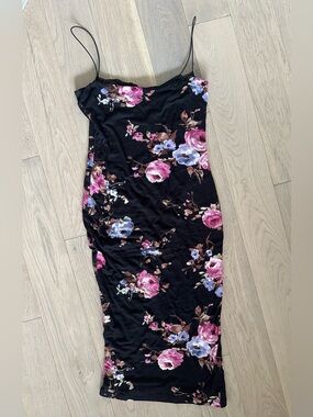 JLUXLABEL Black Floral Midi Slip Dress with Pink & Lavender Flowers